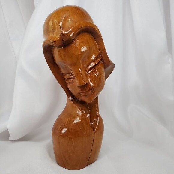 Other - VTG Mid-Century Art Deco Carved Wood Women  Female Bust Sculpture Handcrafted 8"
